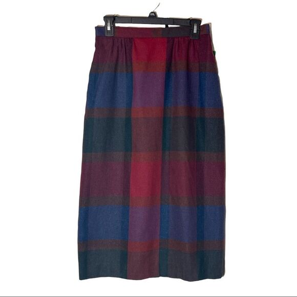 Vintage Deadstock Barclay Square Part Wool Red Blue Plaid Long A Line Skirt - Picture 1 of 14